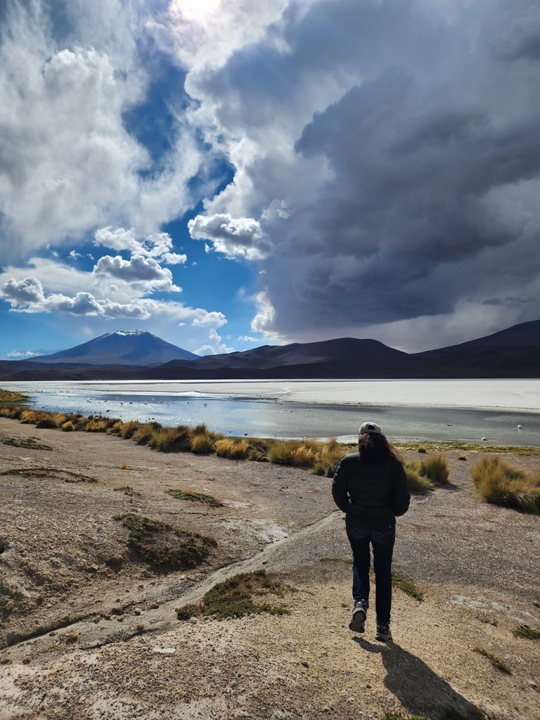 A lone figure walking toward a vast salt lake beneath dramatic Andean skies